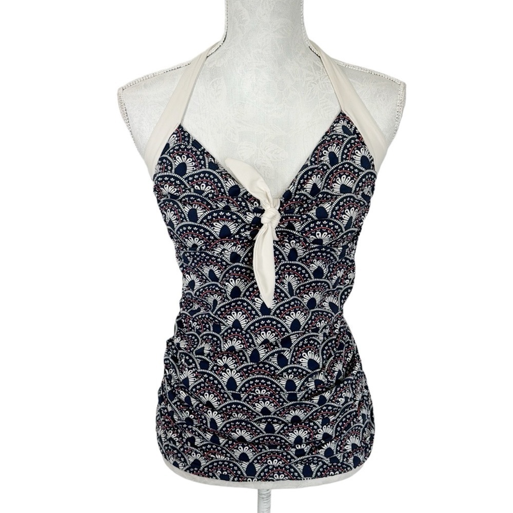 Downeast Swim Tankini‎ Top Women's L Blue White Red Halter Lined